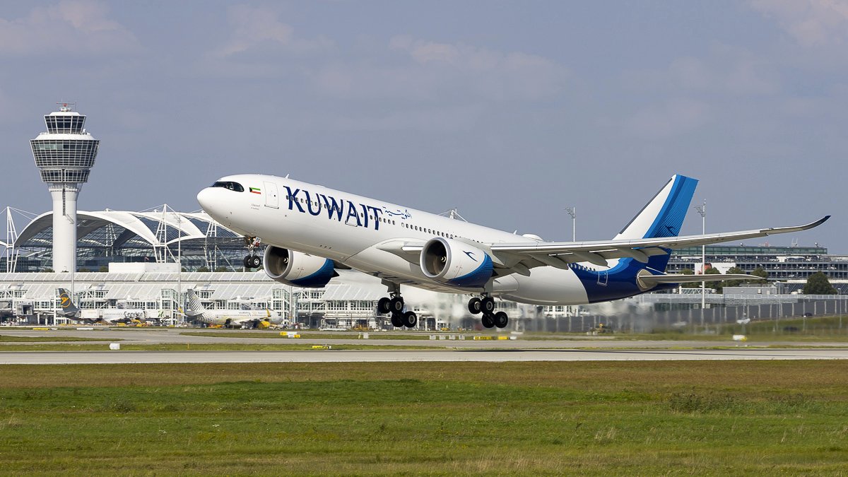 Kuwait Airlines Airbus A330-841N (330neo) 9K-APG named Al Sanbouk taking off Munich airport.jpg